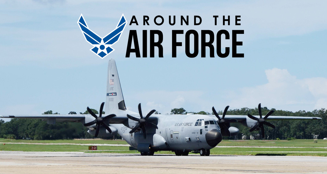 Around the Air Force logo, C130 sitting on the runway