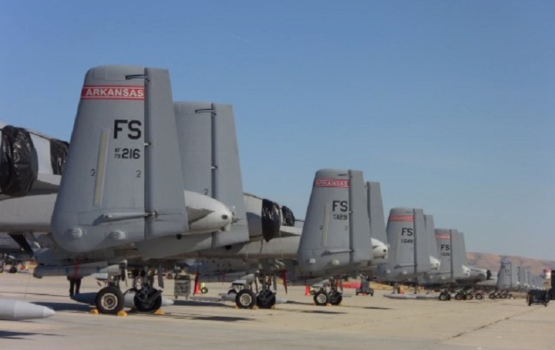 row of A10 aircraft with Arkansas on the tails