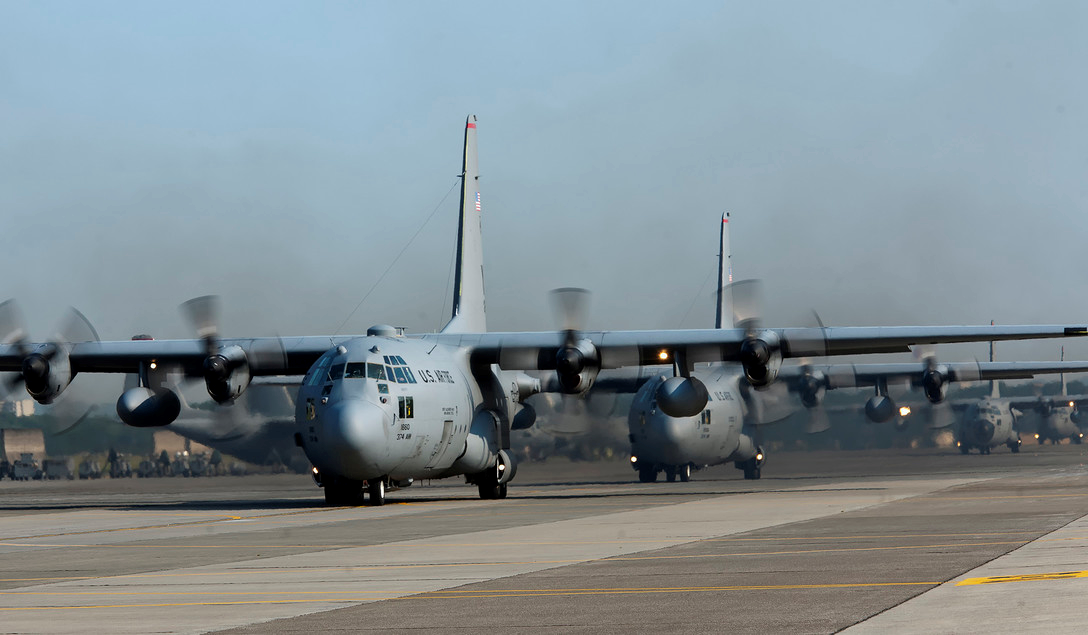 C130s lined up on the runway