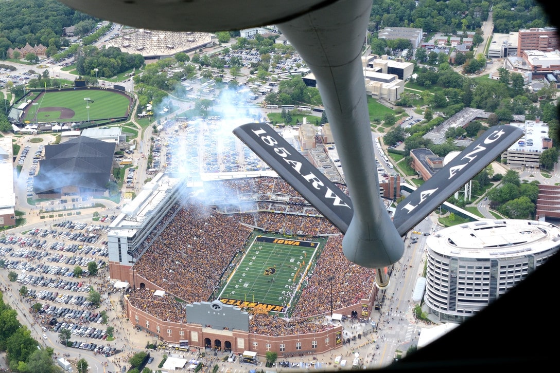 185th Air Refueling Wing flying over a football stadium